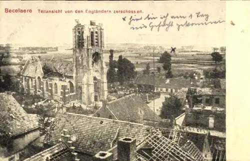 Ak Becelaere Zonnebeke Zonnebecke Westflandern, Zerstörte Kirchenruine, zerstörte Gebäude, ländli