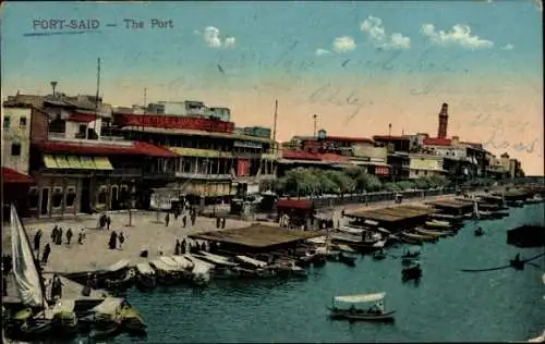 Ak Port Said Ägypten, Hafenansicht, Boote, Gebäude, Menschen, ntext