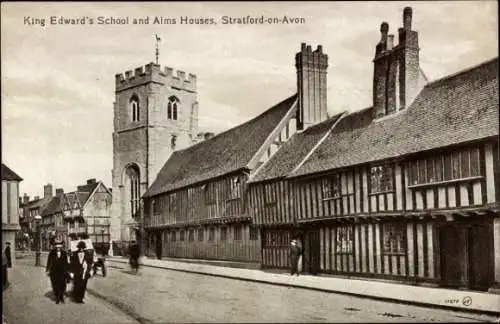Ak Stratford upon Avon Warwickshire England, King Edwards Schule und Alms Häuser