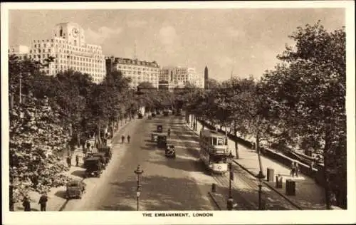 Ak South Bank London City, THE EMBANKMENT,  Straßenansicht, Bäume, alte Autos