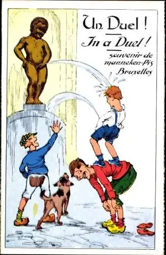 Künstler Ak Bruxelles Brüssel, Manneken Pis, Junge pinkelt die Statue an