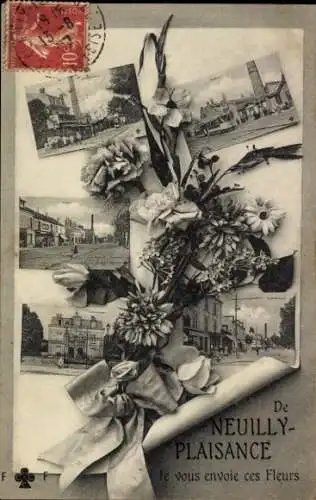 Ak Neuilly Plaisance Seine Saint Denis, Je vous envoie ces Fleurs, Teilansichten, Gebäude, Blumen