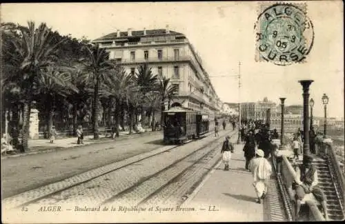 Ak Algier Alger Algerien, Boulevard de la Republique et Square Bresson, Tram