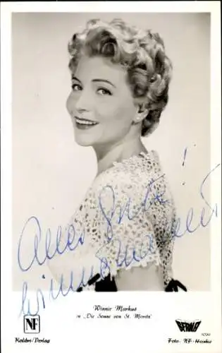 Ak Schauspielerin Winnie Markus, Portrait, Die Sonne von St. Moritz, Autogramm
