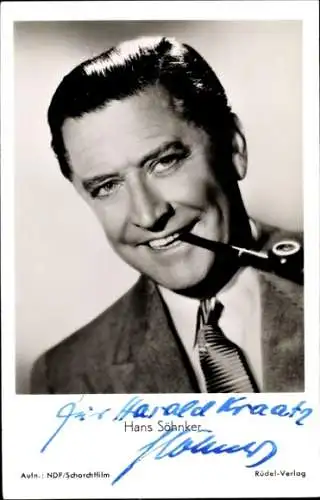 Ak Schauspieler Hans Söhnker, Portrait, Pfeife, Autogramm