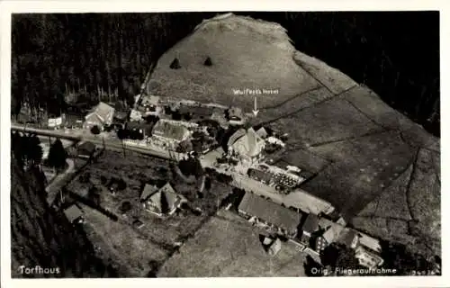 Ak Torfhaus Altenau Schulenberg Clausthal Zellerfeld im Oberharz, Fliegeraufnahme, Wulferts Hotel
