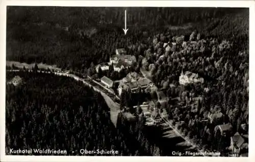 Ak Schierke Wernigerode im Harz, Kurhotel Waldfrieden,Fliegeraufnahme,Hotels, Wälder, Berge