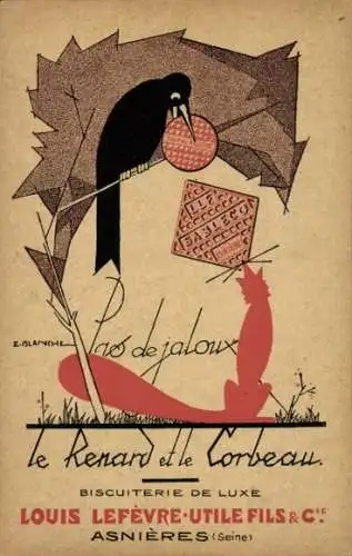 Künstler Ak Blanche, E., Asnières sur Seine, Le Renard et le Corbeau, Biscuiterie de Luxe