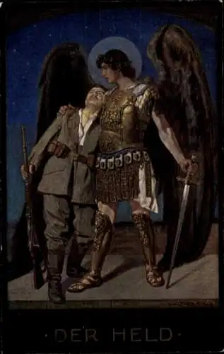 Künstler Ak Firle, Walther, Der Held, Soldat, Erzengel Gabriel, Schwert, Bayer. Opfertag 1917, I. WK