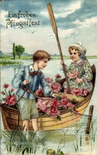 Glitzer Ak Glückwunsch Pfingsten, Ruderboot, Kinder