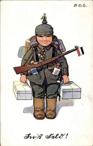 Künstler Ak Engelhard, P.O.E., In's Feld, Soldat zieht in den Krieg