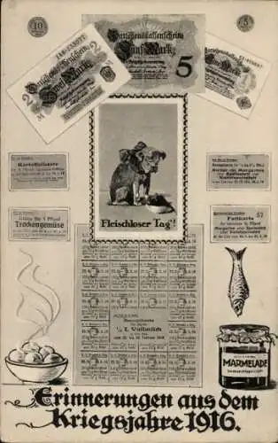 Künstler Ak Erinnerungen aus dem Kriegsjahre 1916, Fleischloser Tag, Essensmarken