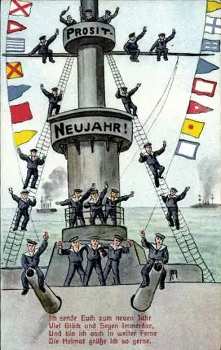 Ak Glückwunsch Neujahr, Kriegsschiff, Matrosen