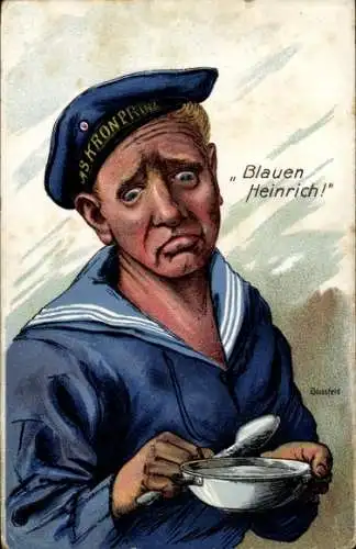 Künstler Litho Blossfeld, Karl, Blauen Heinrich, Seemann mit Suppenschüssel, SMS Kronprinz