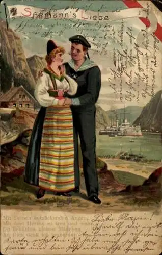 Litho Norwegen, Seemannsliebe, Matrose mit Norwegerin in Tracht, Kaiserliche Marine