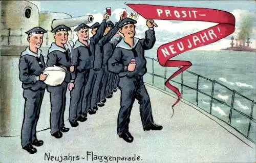 Ak Glückwunsch Neujahr, Flaggenparade, Matrosen