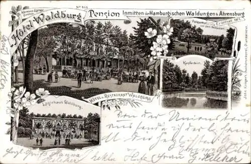 Ak Ahrensburg in Holstein, Hotel Waldburg, Pension, Restaurant, Karpfenteich, Waldlandschaft, gep