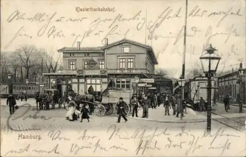 Ak Hamburg Mitte Altstadt, Klosterthorbahnhof,  Eisenbahnszene, Menschen, Kutschen, Straßenbahn