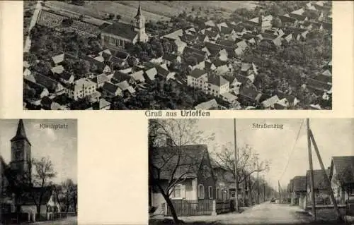 Ak Urloffen Appenweier in Baden Schwarzwald, Luftaufnahme, Kirchplatz, Straßenzug