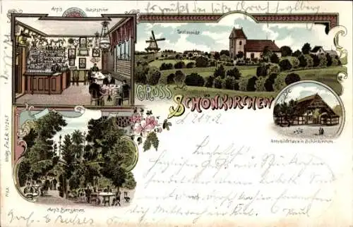 Ak Schönkirchen in Holstein, Arp's Gaststube, Talansicht, Arp's Biergarten, Aresaildehaus in Schö