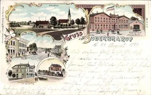 Ak Süderbrarup in Angeln, Verschiedene Ansichten der Stadt, Marktplatz, Gebäude, Gruß aus Süderbr
