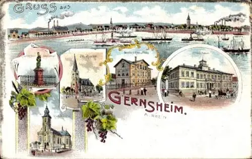 Litho Gernsheim am Rhein Hessen, Denkmal, Kirche, Stadthaus, Panorama