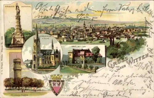 Wappen Litho Witten an der Ruhr, Kriegerdenkmal, Haus Witten, Gedächtniskirche, Helenenturm