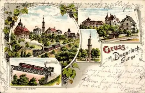 Litho Degerloch Stuttgart in Württemberg, Auffahrt der Zahnradbahn, Turm, Brücke