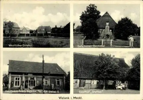 Ak Vielank in Mecklenburg, Westlicher Ortsteil, Gefallenen-Denkmal, Kaufhaus Gehrke, Gasthof Stef
