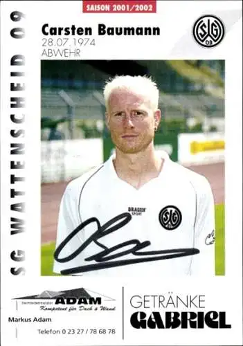 Autogrammkarte Fußballer Carsten Baumann, SG Wattenscheid 09, Autogramm