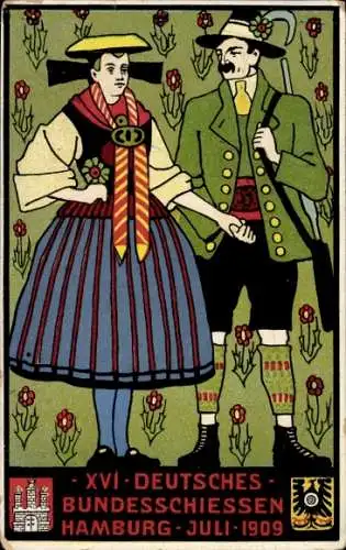 Künstler Ak Hamburg, XVI. Deutsches Bundesschießen 1909, Vierländerin in Tracht, Wappen