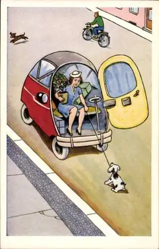 Künstler Ak Glückwunsch zum Geburtstag, Frau mit Blumentopf im Kabinenroller, Hund
