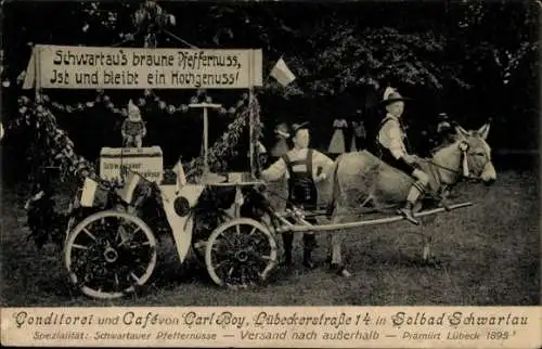 Ak Bad Schwartau in Holstein, Conditorei und Café von Carl Boy, Lübeckerstr. 14, Eselskutsche