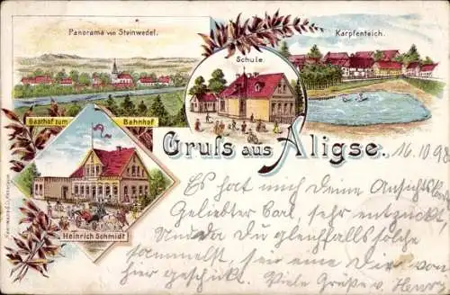 Litho Aligse Lehrte, Panorama, Schule, Gasthof zum Bahnhof, Inh. Heinrich Schmidt, Karpfenteich
