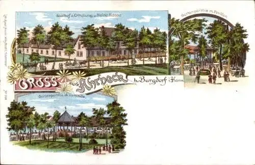 Litho Ahrbeck Burgdorf in der Region Hannover, Gasthof zur Erholung, Inh. Heinr. Haase, Garten