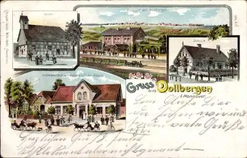 Litho Dollbergen Uetze in Niedersachsen, Kirche, Schule, Gastwirtschaft, Bahnhof