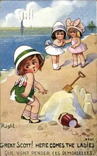 Künstler Ak Right, Kinder am Strand, Humor