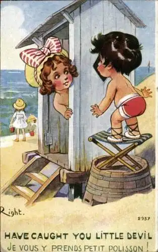 Künstler Ak Right, Kinder am Strand, Habe dich gefangen, kleiner Teufel