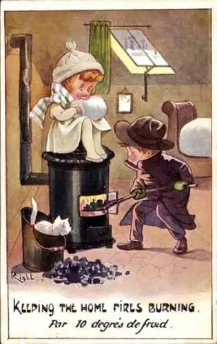 Künstler Ak Right, Junge heizt im Ofen, Frierendes Mädchen, Kohle