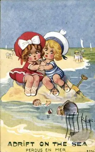 Künstler Ak Right, Kinder am Strand, Auf dem Meer treibend