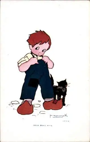 Künstler Ak Vanasek, M., Junge, Schwarze Katze