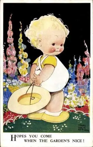 Künstler Ak Attwell, Mabel Lucy, Kind mit Hut, Blumen