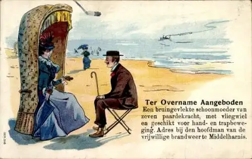 Litho Mann mit Frau am Strand, Humor, Ter Overname Aangeboden