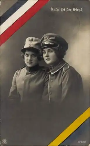 Ak Unser sei der Sieg, Zwei junge Frauen in Uniform mit Mütze.