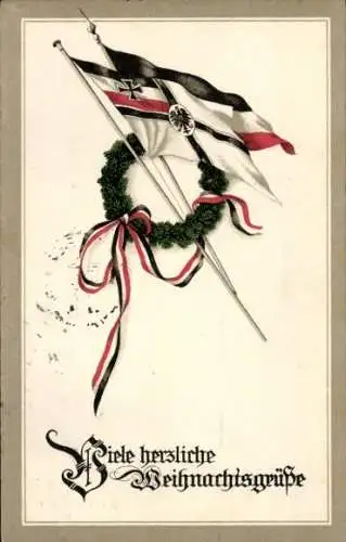 Ak Frohe Weihnachten,  schwarz-weiß-rote Flagge und Tannenkranz, 1. WK