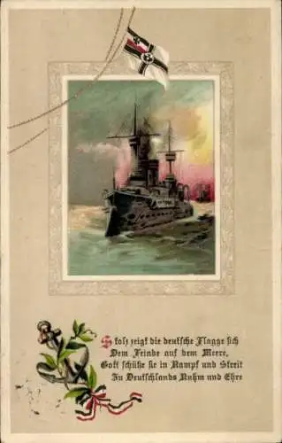 Präge Passepartout Ak Stolz zeigt die deutsche Flagge sich, Kriegsschiff, Kaiserliche Marine
