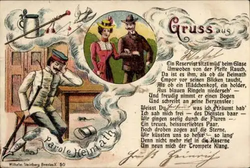 Litho Dienstzeit Reserve, Soldat mit Frau, Parole Heimat