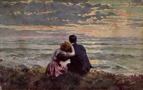 Künstler Ak Liebespaar am Ufer, Sonnenuntergang