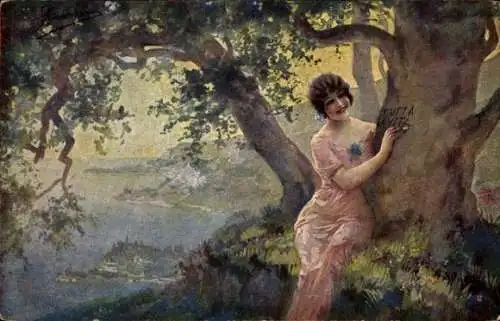 Künstler Ak Frau ritzt Namen in einen Baum, Liebe