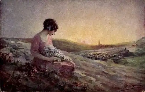 Künstler Ak Frau auf der Wiese sitzend, Schafherde
